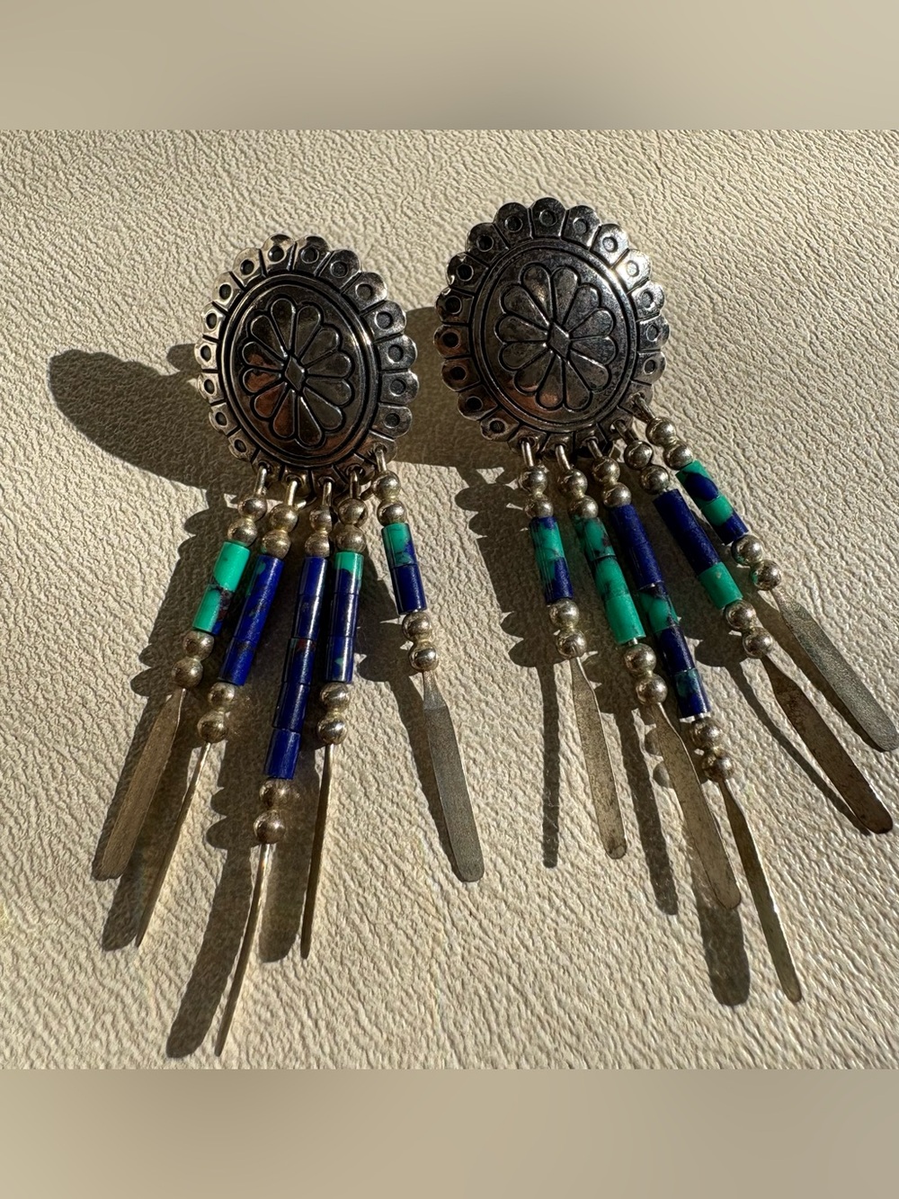 Vintage Turquoise & Lapis Navajo Dangle Concho Earrings - Women Jewelry